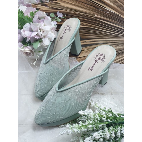 sepatu v hijaumint lace cantik tnggi 9cm