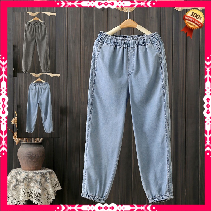 Celana Highwaist Wanita Jeans Summer Arts Style Women Elastic Waist Cotton Denim Harem Pants Plus Si