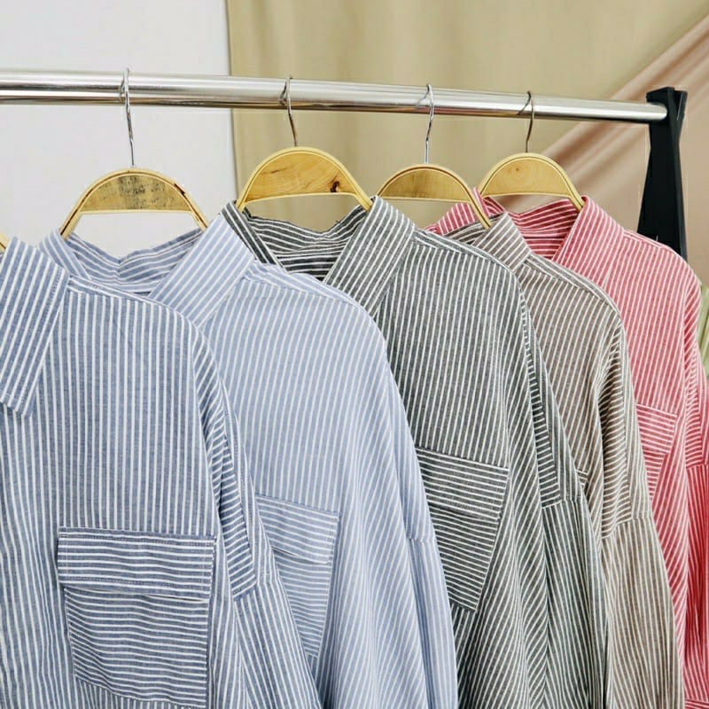 Tq88indonesia Fashion Kemeja Wanita Lengan Panjang Terbaru  / Kem Oversize Pocket / Hem  Salur / Busana Santai Cewek / Kemeja Salur Wanita