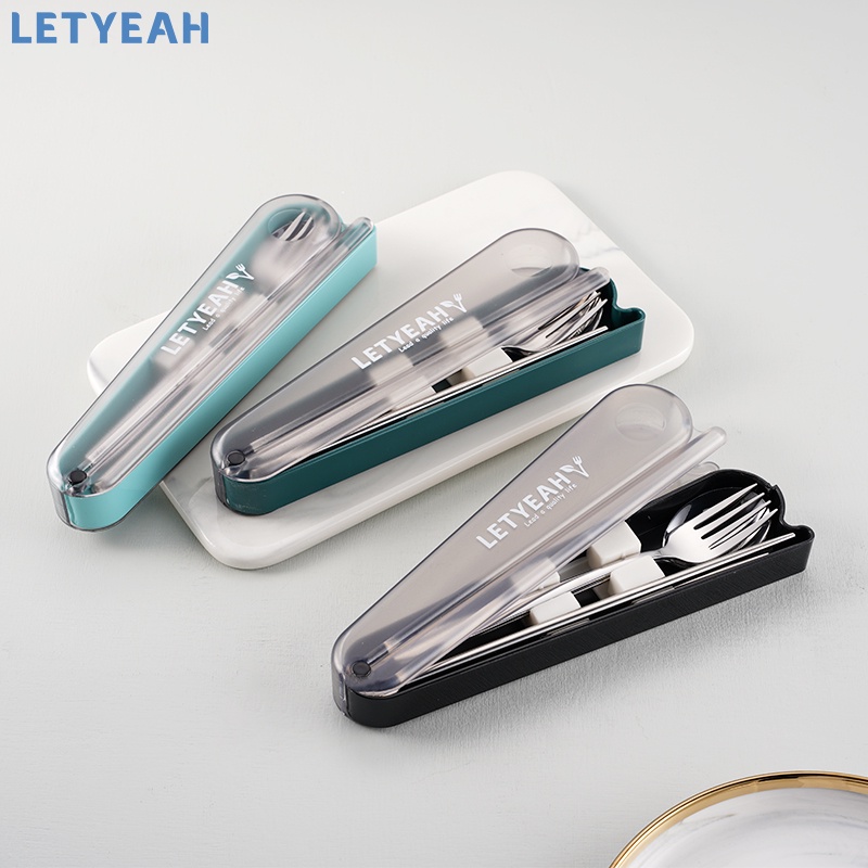 letyeah Alat makan stainless portable/cutlery set 3 in 1 dengan transparent rotatable kotak model kipas/sendok garpu set