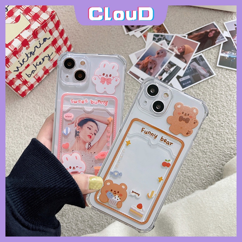 Soft Case Tpu Transparan Motif Kartun Kelinci Beruang Dengan Slot Kartu Untuk iPhone XR X XS Max 7 8 Plus 11 13 12 Pro Max 6 6s Plus SE 2020