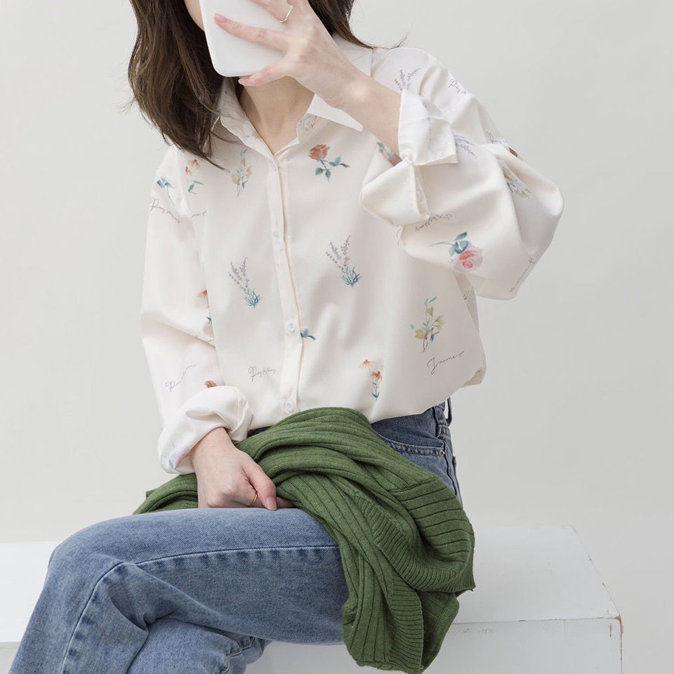 【impor】 Atasan kemeja wanita sifon lengan panjang putih POLO motif bunga formal