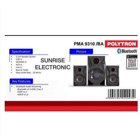 ITSTORE POLYTRON MULTIMEDIA AUDIO SPEAKER PORTABLE - PMA 9310 BLUETOOTH (BLUETOOTH, USB, AUX, LINE)