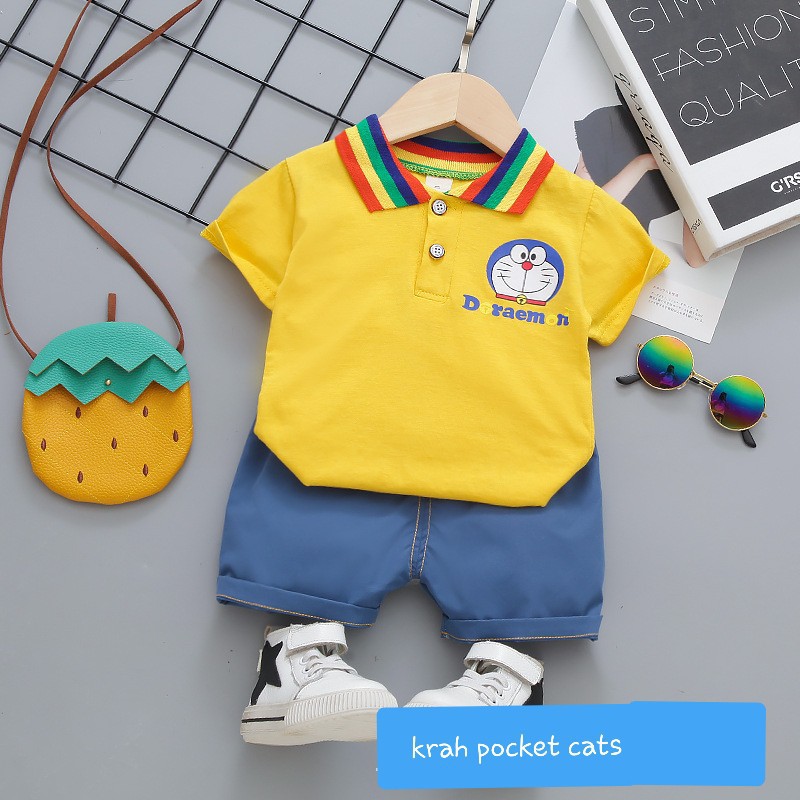 LittleAaron SET KRAH POCKET CATS 1103 EBV Setelan Kemeja Bayi Laki-laki Lengan Pendek