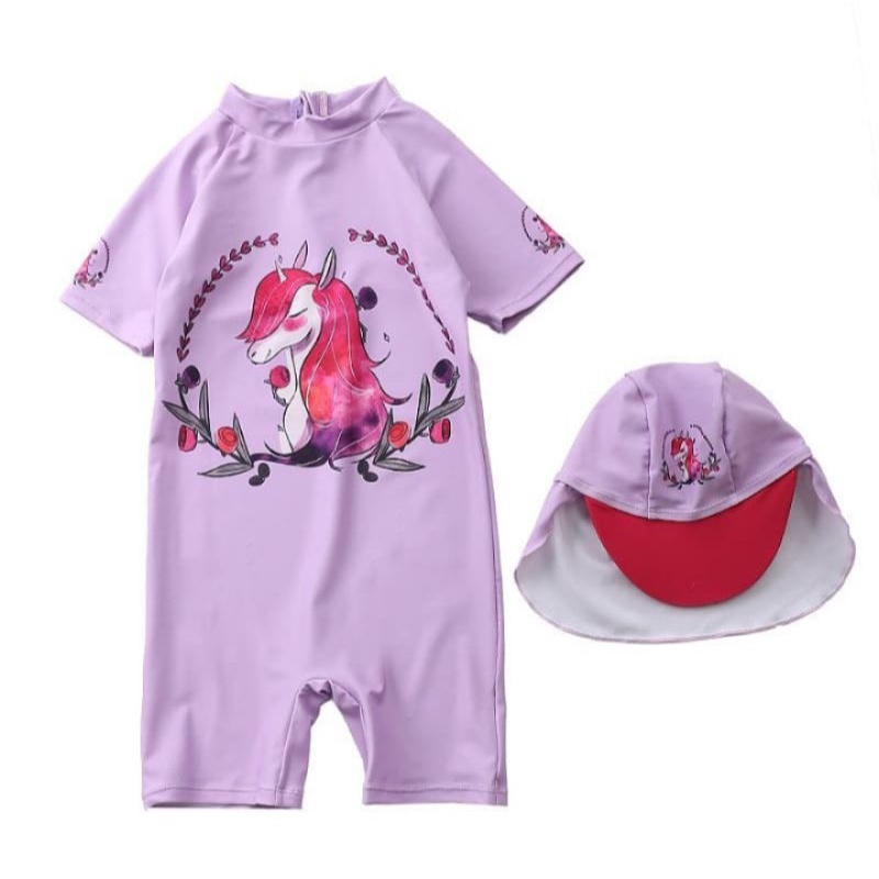 Baju renang Anak one pieces, baju renang bayi terusan plus topi,  swimwear kids