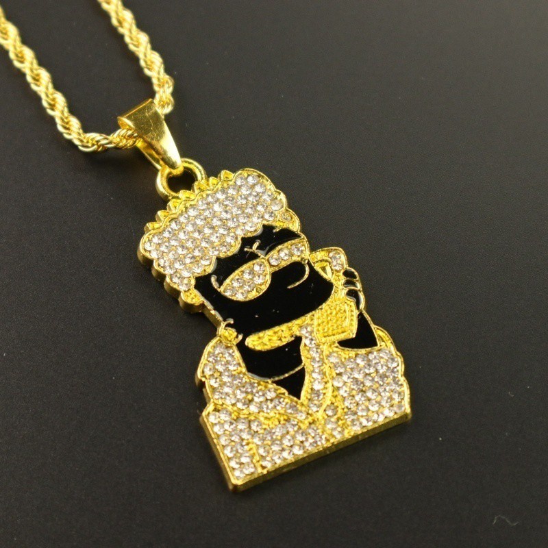 Kalung Liontin Lensa Kacamata Hitam 18K gold Hias Zircon Gaya Hip Hop Rock Untuk Pria