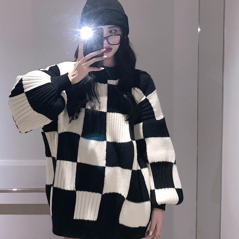 Y-47 Sweater kotak-kotak longgar gaya wanita atasan rajutan canggih yang menebal 958FTD
