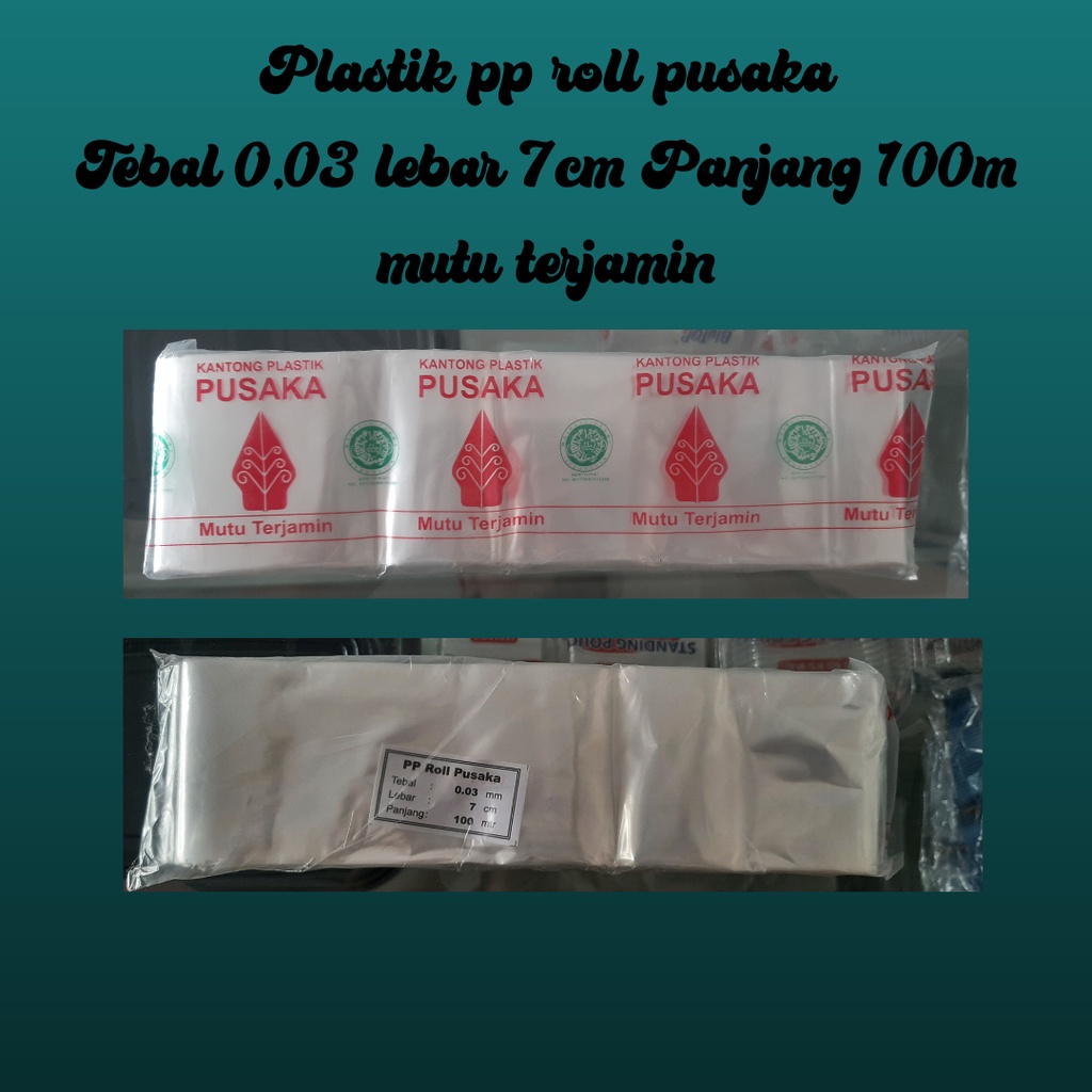plastik pp roll bening tebal 03 lebar 7cm panjang 100m merk PUSAKA
