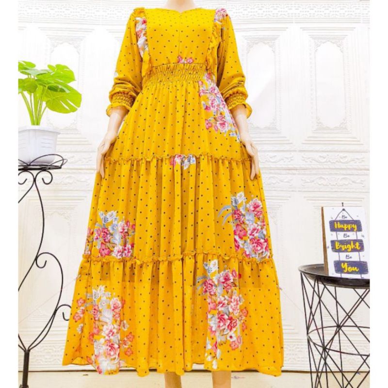 gamis ceruty babydoll full furing polkadot mix sakura / gamis rempel ceruty // gamis seruty polka