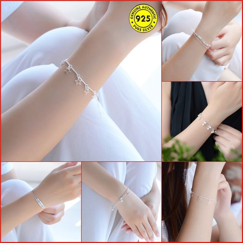 4s Grosir Solo || S925 Silver Heart Pendant Chain Bracelt Ladies Flower Bracelet || Gelang Silver Wanita