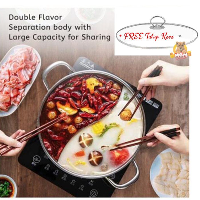 Panci Shabu Shabu Sekat S 30CM Panci Suki Shabu2 TEBAL FREE Tutup Kaca