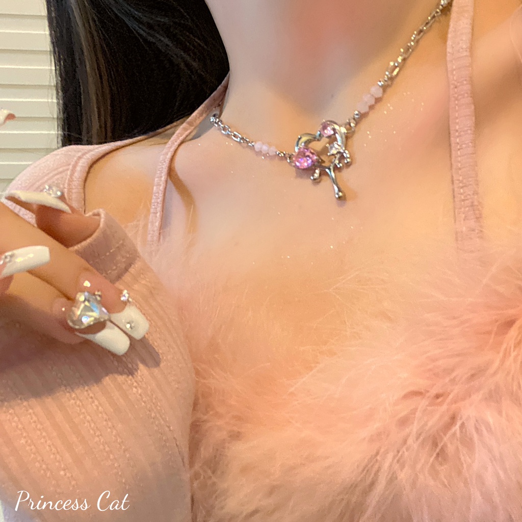 Kalung Rantai Liontin Hati Bahan Metal Hias Kristal Zircon Warna Pink Untuk Wanita