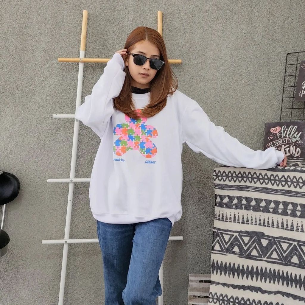 PUZZLE BEAR Crewneck Oblong Sweater Oversize | Outerwear Wanita Fashion Terkini Korean Style