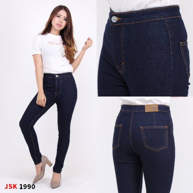 Highwaist Panjang Celana Wanita Jeans Import Denim JSK Jeans Softjeans Putih pinggang