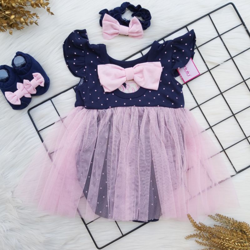 Baju jumper anak bayi cewek 3 - 8 bulan bahan katun lembut bagus dasi kupu kupu bando lucu