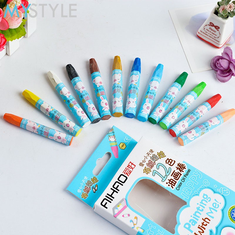 CRAYON SET OIL PASTEL 12 WARNA PENSIL WARNA ALAT MEWARNAI ALAT LUKIS ANAK PINK BIRU