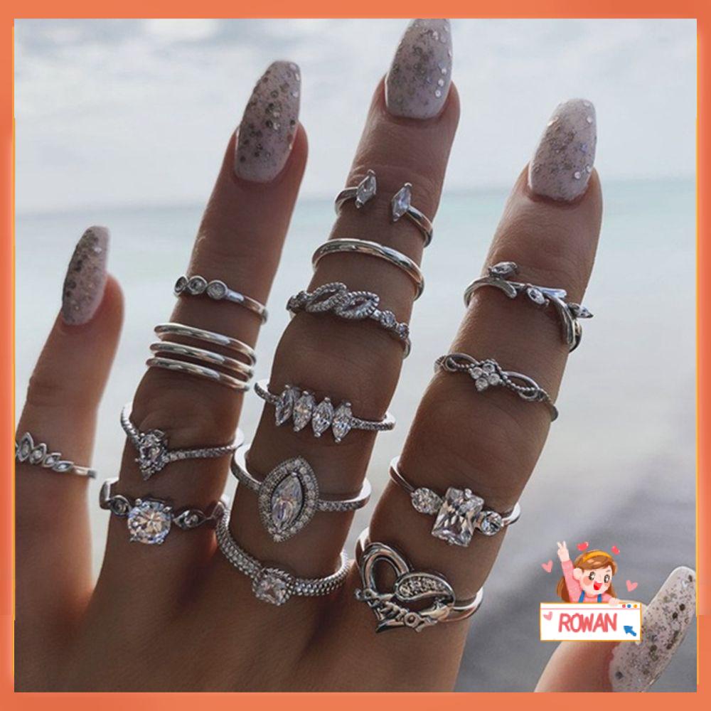 ROW 15PCS Party Rings Set Women Hollow Heart Boho Finger Ring Fashion Jewelry Silver Color Elegant Statement Crystal Leaves Flower