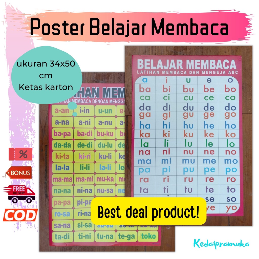 

Poster Belajar Membaca Anak Mengeja Suku Kata latihan Baca gambar edukasi Tempel Dinding PAUD TK