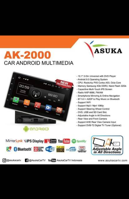 Head unit double Dine android Asuka ak-2000 10inch bonus kamera mundur