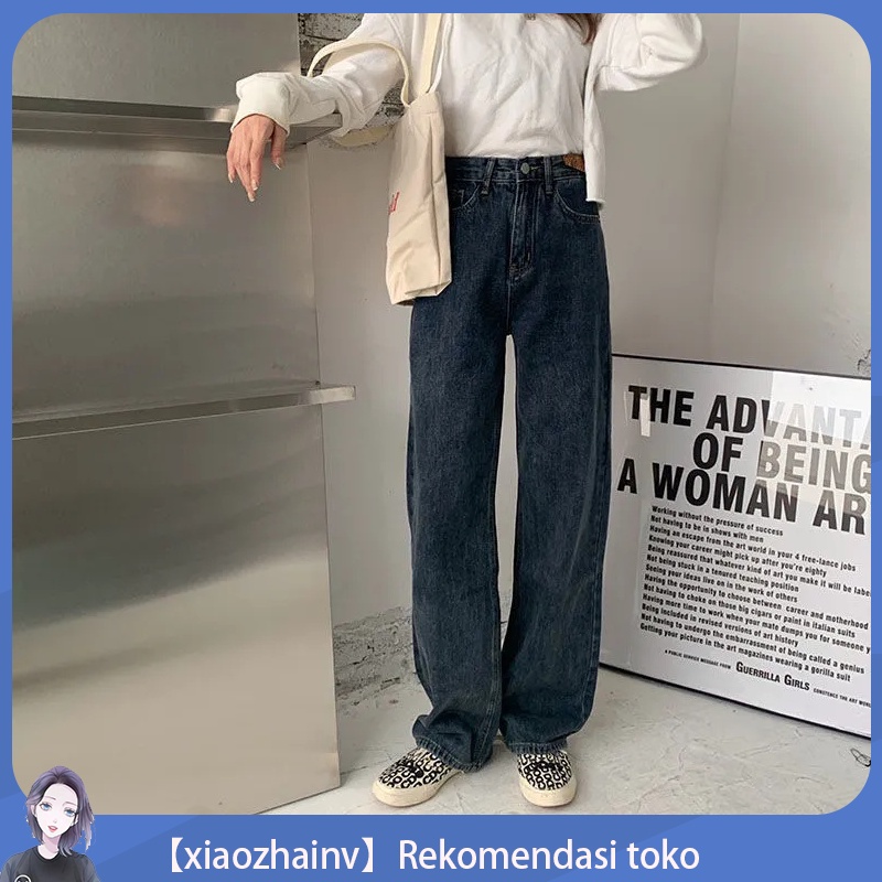  xiaozhainv  celana  jeans  longgar kaki lebar retro pinggang 