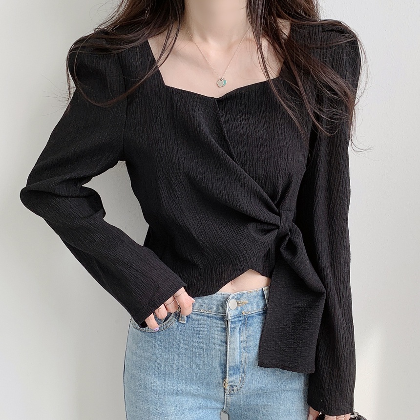 Wrap Top Kemeja Lengan Panjang Wanita Terbaru Crinkle Blouse Import Korean Style Shirt Crop Hitam