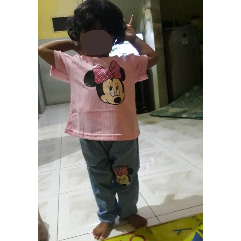 VISION ONLINE- STRIPY MINNIE PINKY// BAJU ANAK PEREMPUAN MURAH 1-4 TAHUN KARTUN SETELAN CELANA DENIM