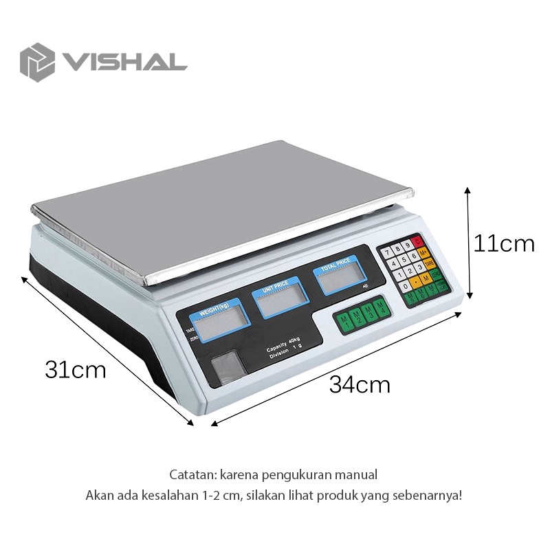 VISHAL Timbangan Buah Digital 40kg Double Display Digital Computing Scale /Timbangan Sayur/Timbangan Digital VS-6018