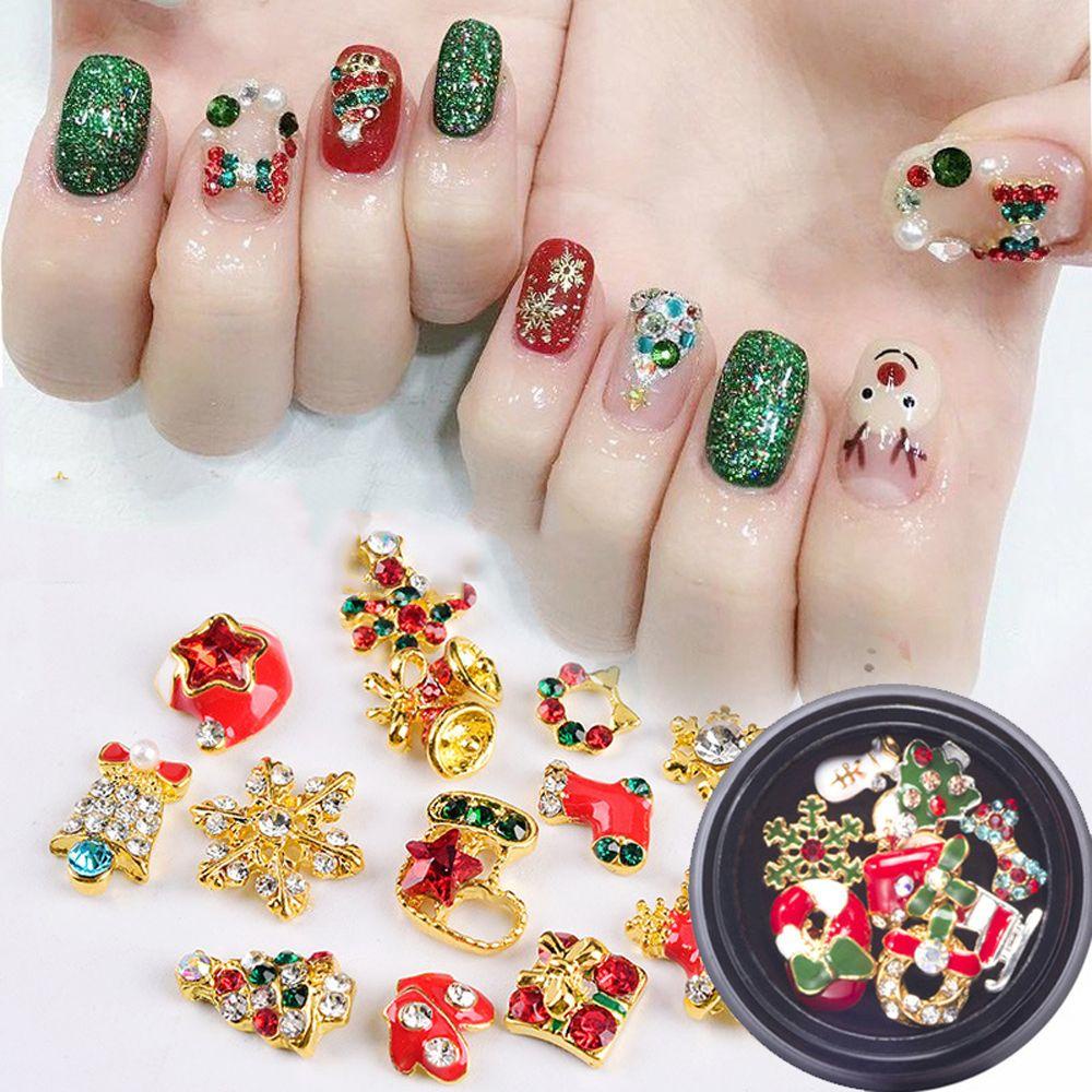 AUGUSTINA Agustin 3D Dekorasi Nail Art Glitter Snowflake Wanita Salon XmasTree Snowman Zircon Hiasan Kuku Nail Rhinestones