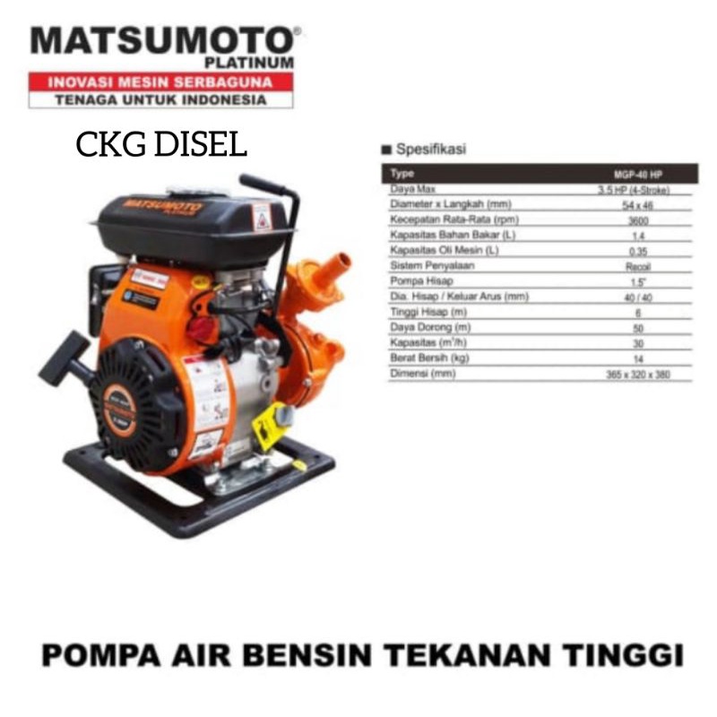 Pompa Air Alkon Tekanan Tinggi Portabel MGP 40 Hp1.5 Inch