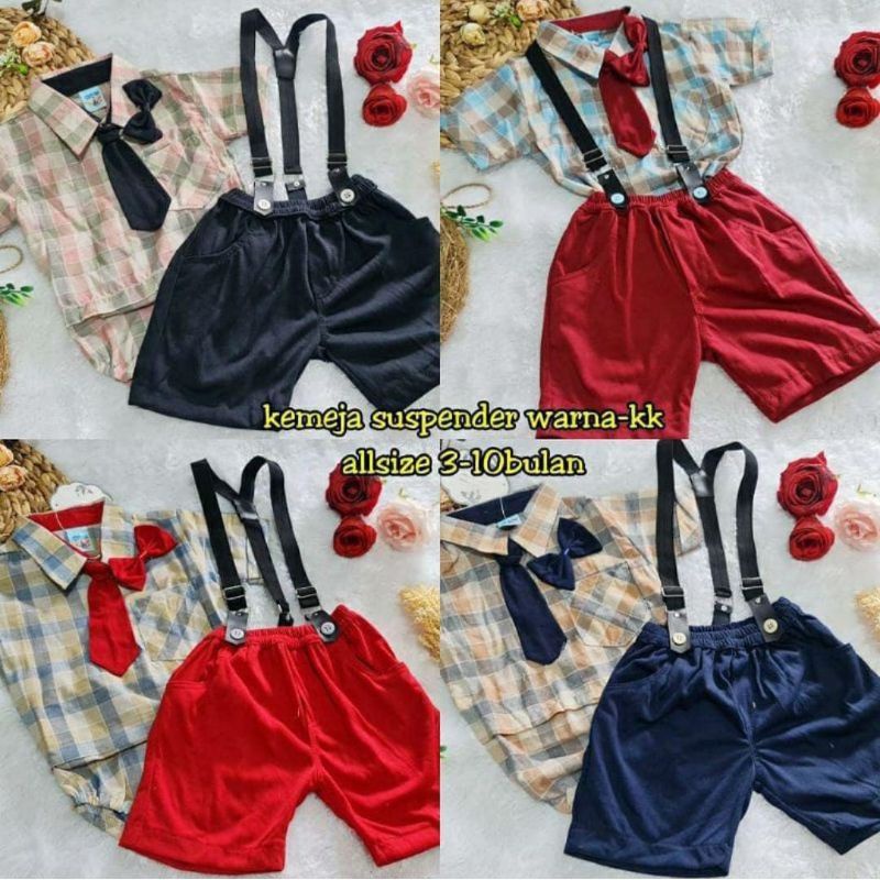 Set Jumper Suspender Kemeja kotak Celana pendek Dasi Kupu kupu