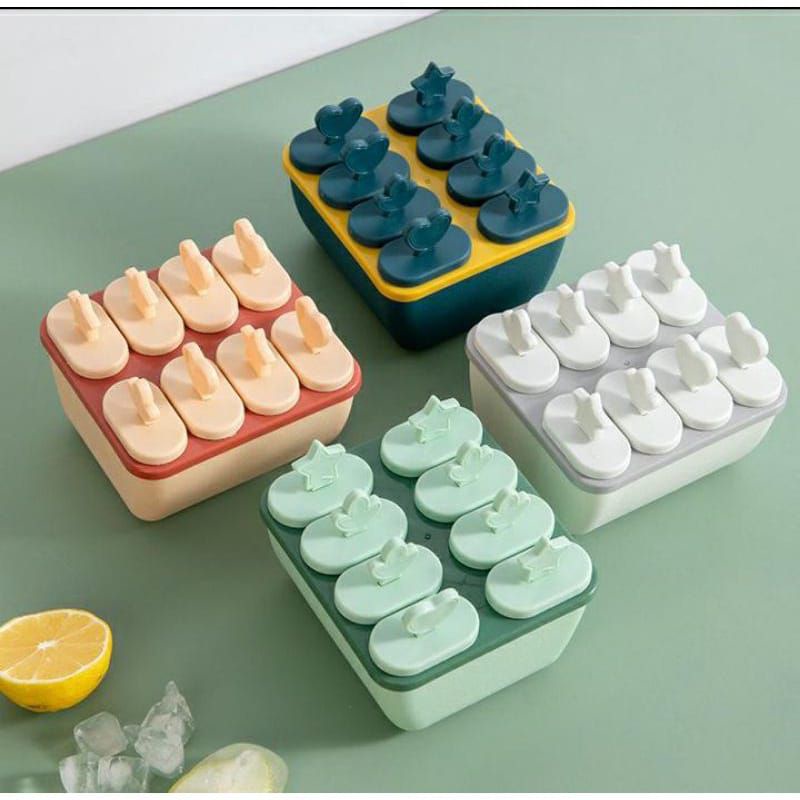 0Cetakan Es Krim Es Loli DIY 8 Kompartemen Cetakan Es Batu Silikon  Penutup 8 Kotak Ice Cube Tray Cetakan