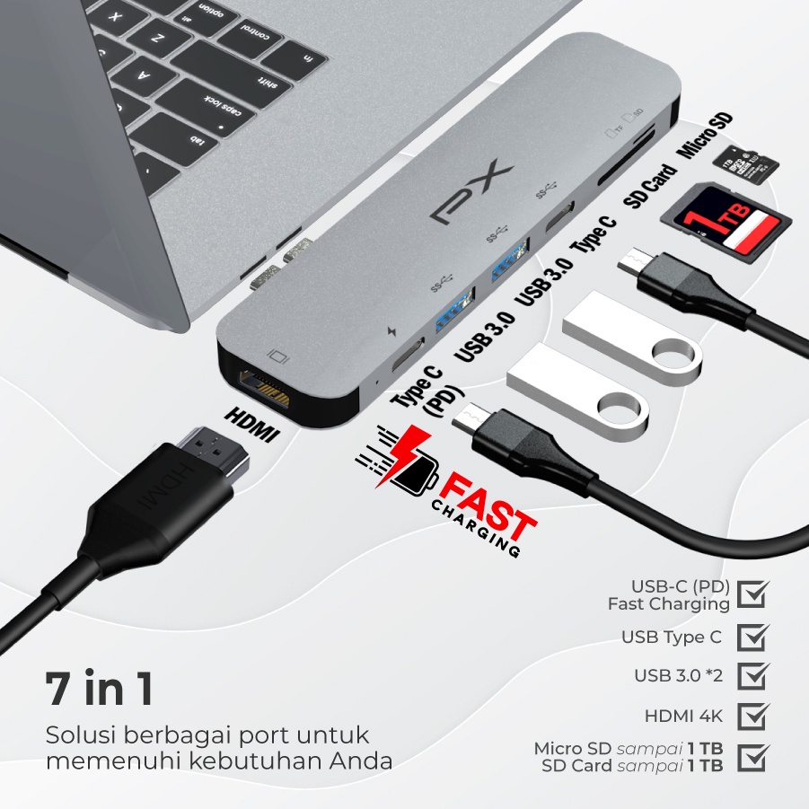 Converter Hub Adapter 7 in 1 Type C 3.1 to HDMI 4K USB PX UCH27