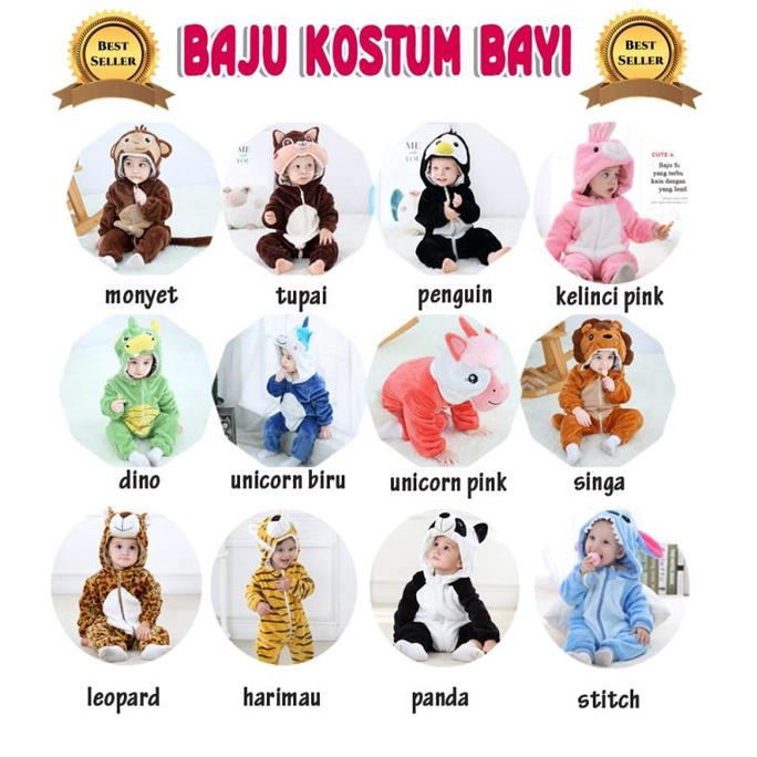Baju Kostum Onesie Bayi Karakter Hewan Lucu Bahan Tebal Baju anak