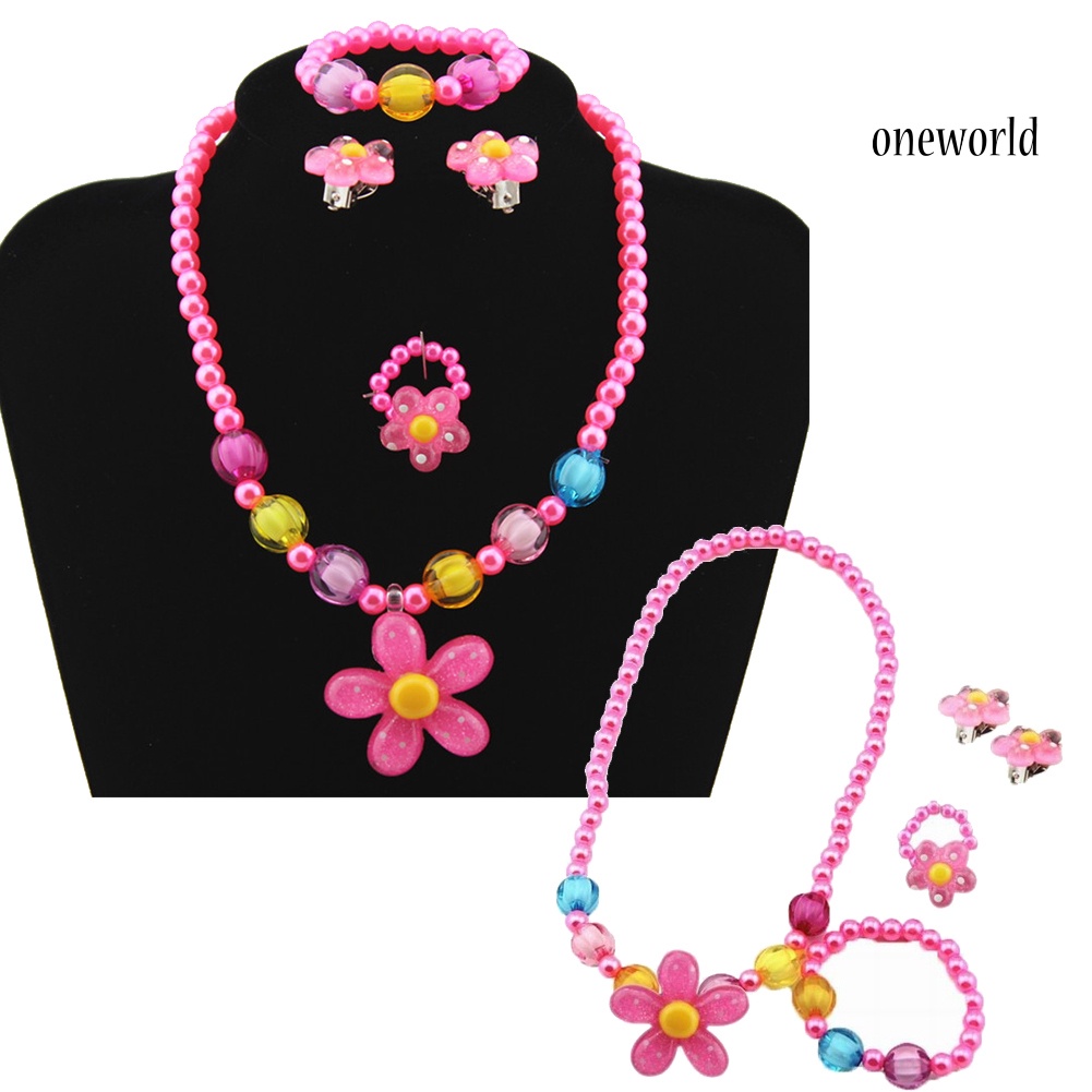 OW@ 5Pcs Handmade Flower Necklace Bracelet Ring Ear Studs Kids Girls Jewelry Set