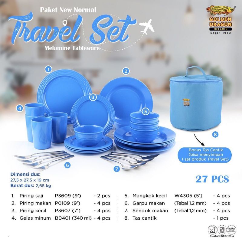 PIRING MANGKUK MELAMIN GOLDEN DRAGON TRAVEL SET 27 PCS (FREE TAS)