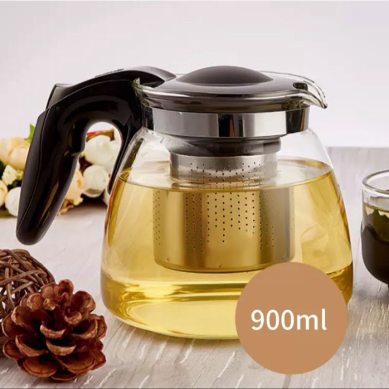 Teapot Glass Infuser 900 ML / Teko Kaca Saringan Stainless Steel