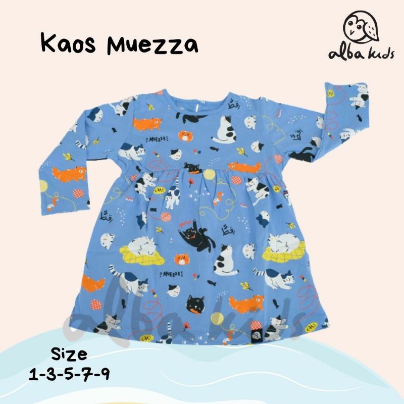 Baju Kaos Muslim Tunik Anak Cewek Perempuan Motif Karakter Kucing Lucu Cute Cantik Lengan Panjang