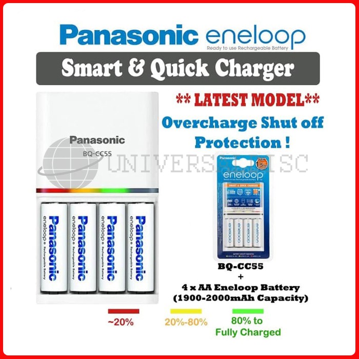 Charger Baterai Panasonic Eneloop Quick Charge 1.5 Hours with Battery AA 2000mAh 4pcs BQ-CC55