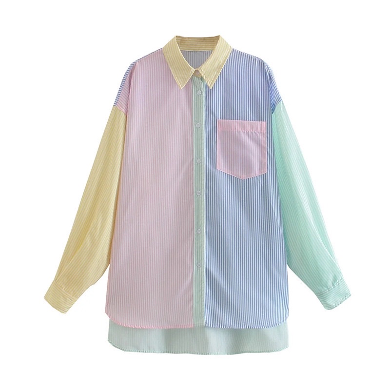 Kemeja Oversize Bae Suzy stradiv*rius warna warni pelangi Lengan Panjang Premium