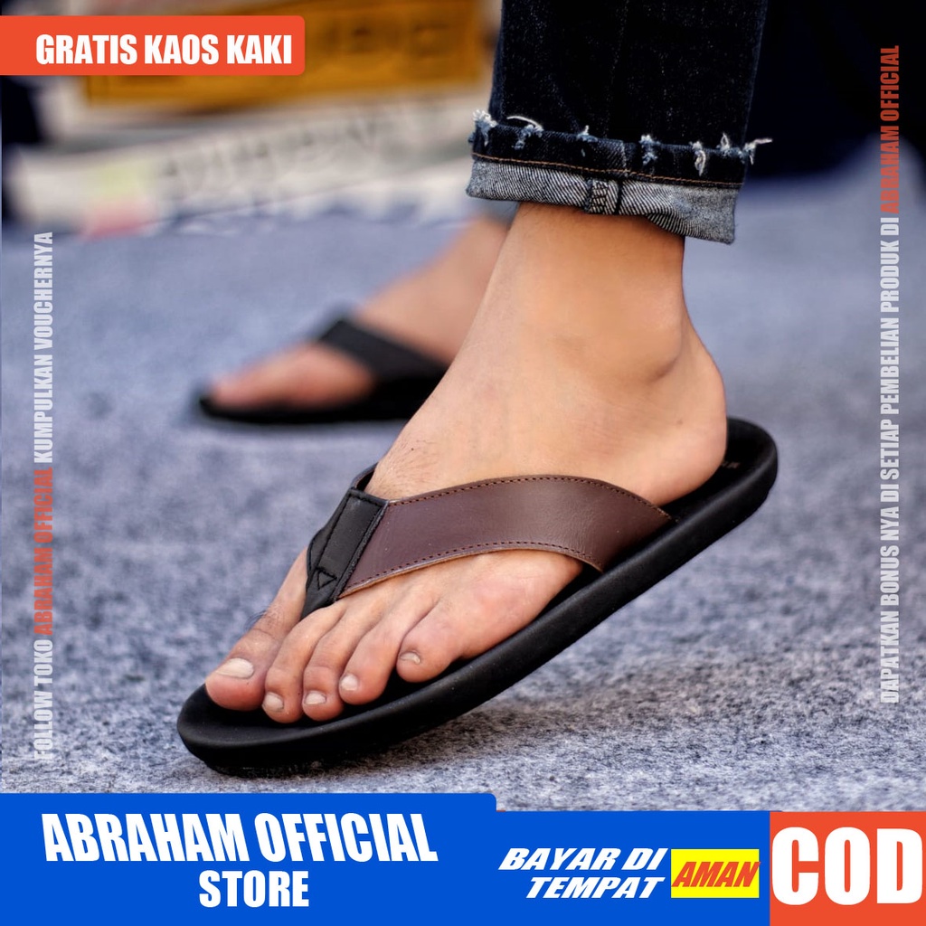 ABRHM X JAVIT Sandal Jepit Pria Sandal Pria Kulit Asli Sendal Cowok Keren Sandal Cowo Kekinian Ori