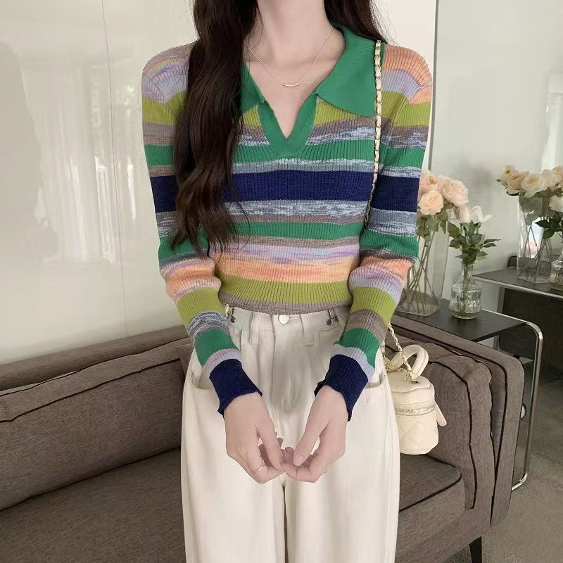 Sweater Rajut Knitwear Stripe Korea Style Lengan Panjang Wanita Knit Wrap Top