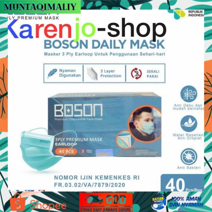 [TERBARU] BOSON Masker Earloop 3 Ply Non-Medis [1 Box = 40 Lembar Masker] - Boson