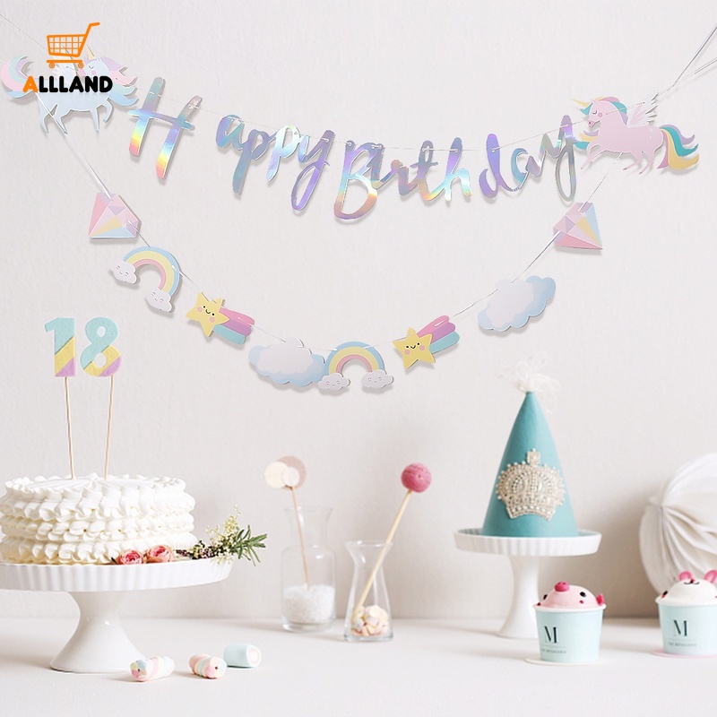 Banner Gantung Motif Unicorn / Bintang / Pelangi Warna-Warni Untuk Dekorasi Pesta Ulang Tahun Anak