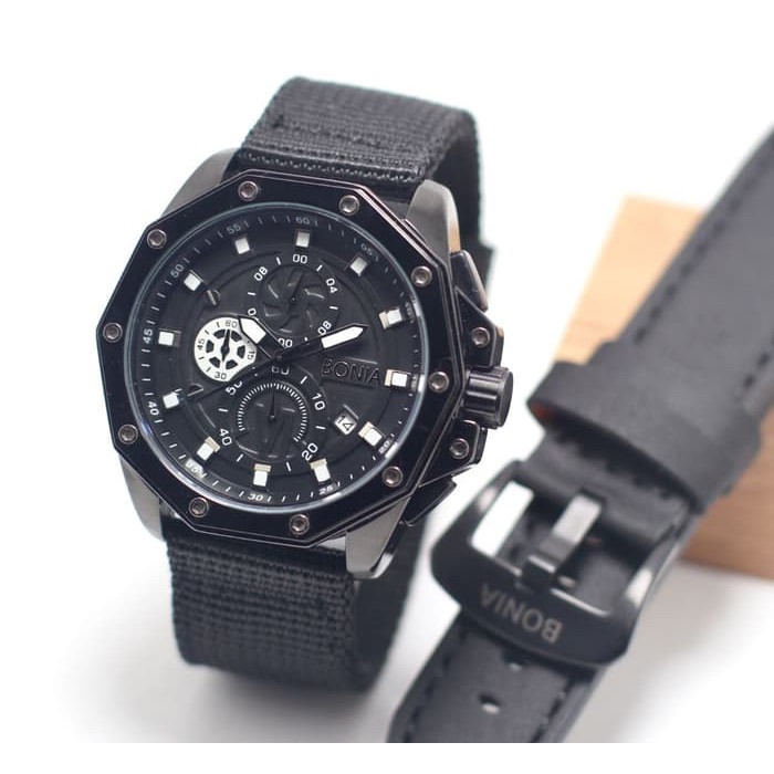 jam tangan BONIA PRIA PAKET BEZEL NUT KANVAS KULIT