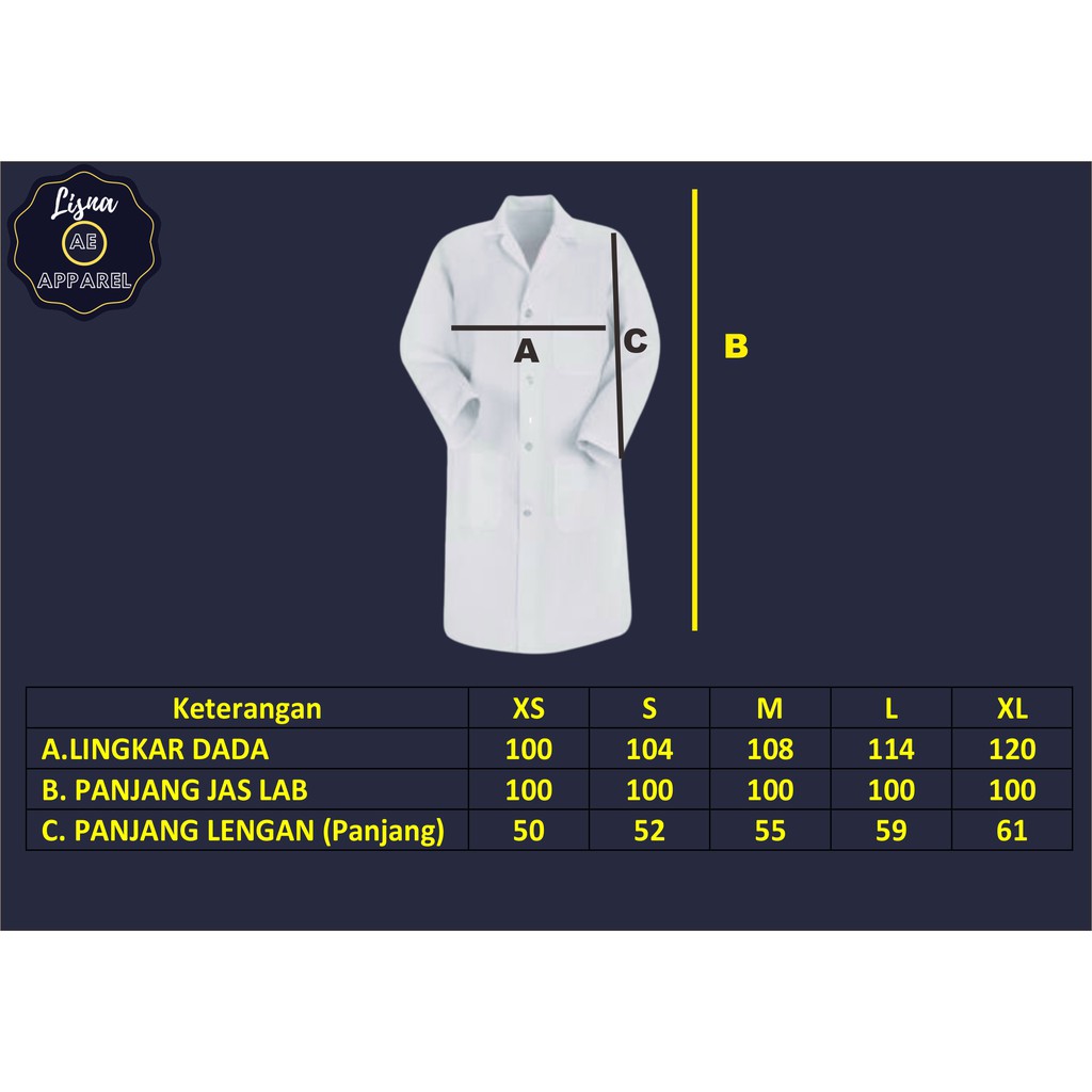 Jas Lab APD OKA Lengan Panjang Ukuran XS-XL Panjang Jas Lab 100cm American Drill Grade A