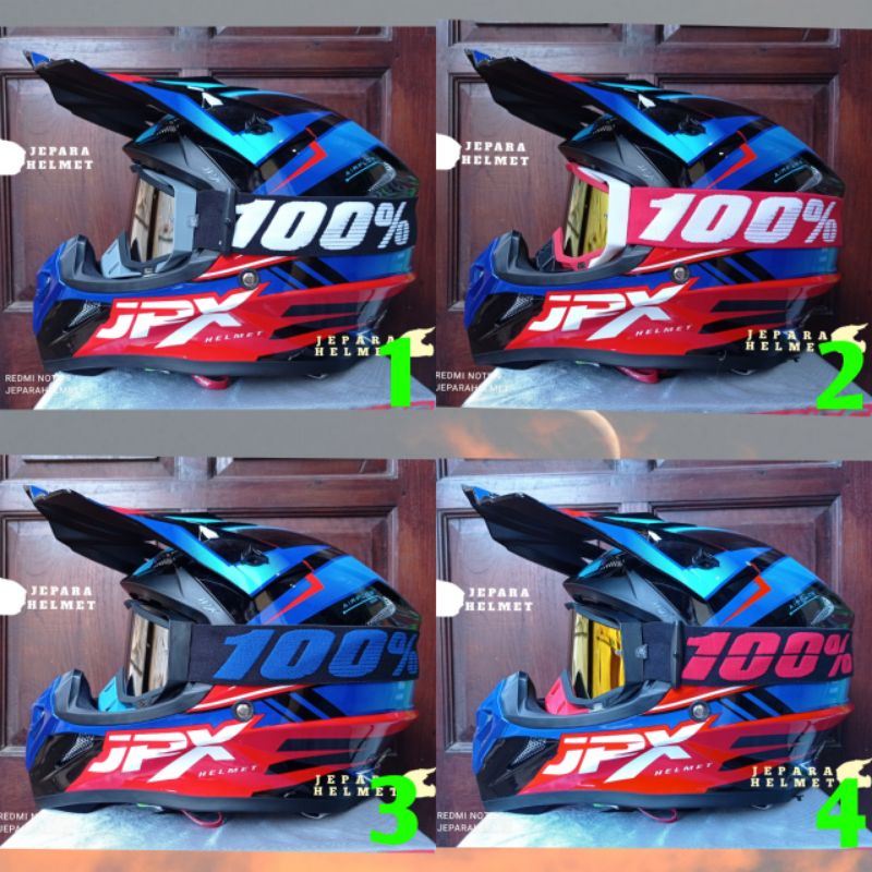 Helm JPX Cross Fox1 Motif X36 Glory Black Red Blue Gloss plus Kacamata goggle google 100 | Helm JPX 