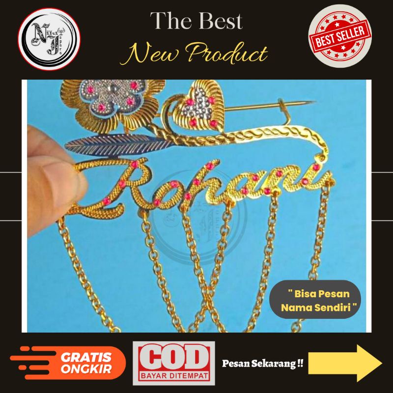 Bros nama lapis emas || bros bunga juntai permata merah
