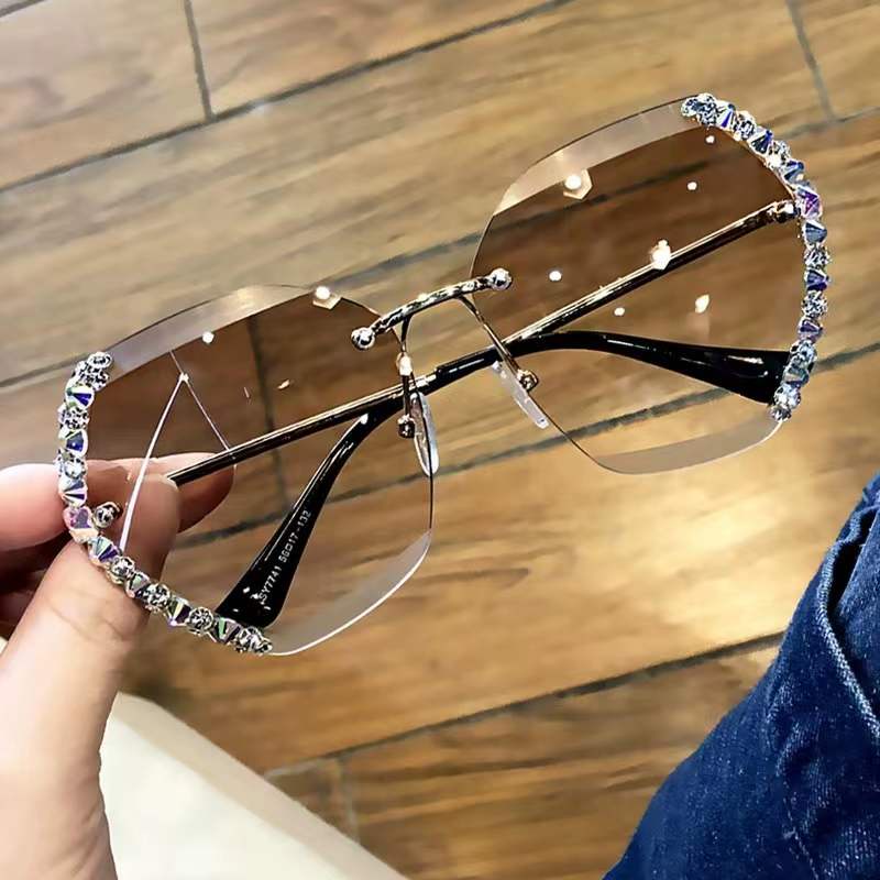 Kacamata Wanita Fashion Sunglasses Frameless Cut Edge Diamond Korean Import