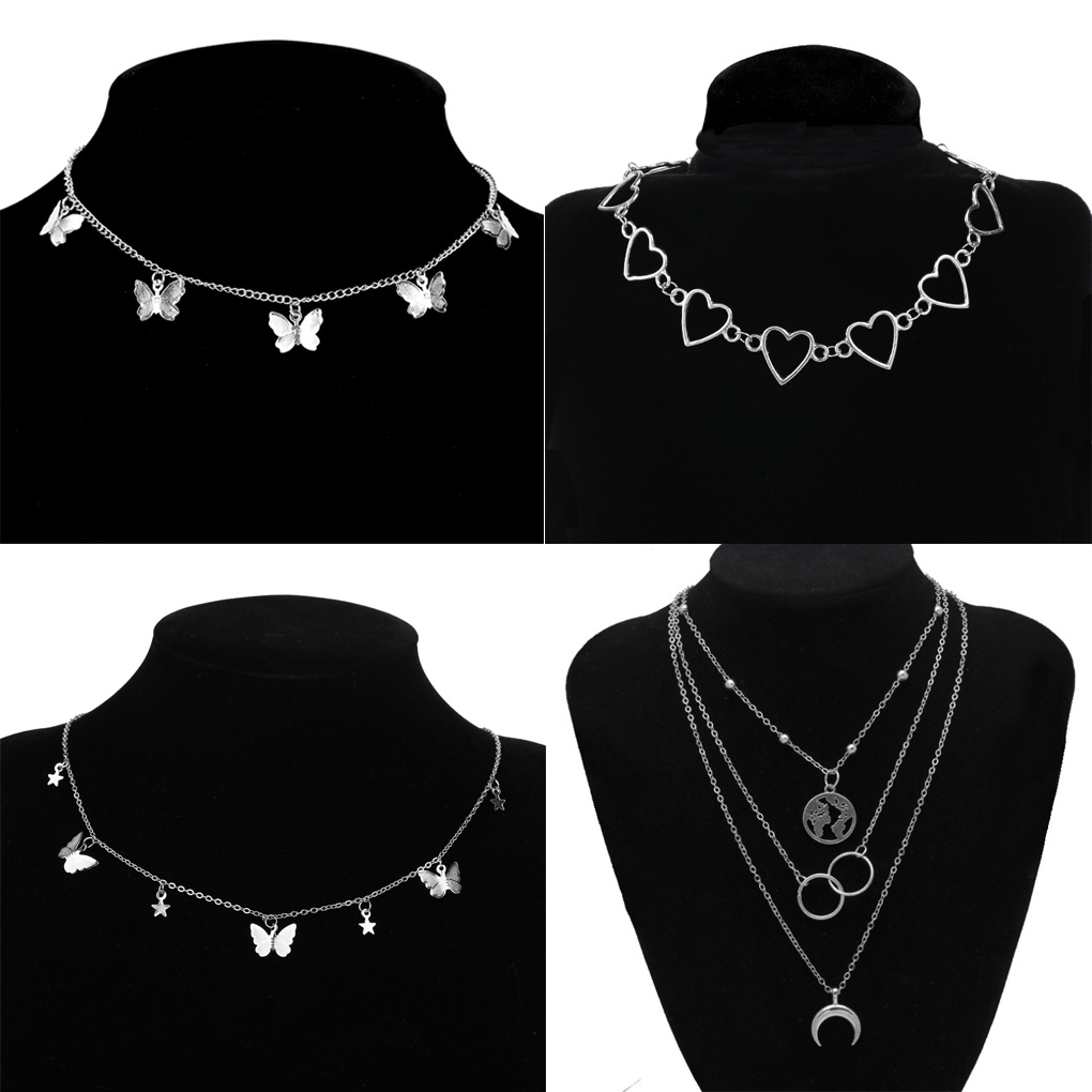 Butterfly Kalung Rantai Choker Desain Kupu-Kupu Bulan Bintang Hati Bahan Alloy Warna Silver Emas Untuk Wanita