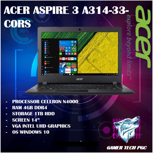 ACER Aspire 3 A314-33-C0RS/DUALCORE N4000/RAM 4GB/1TB HDD/14/DVD/BLACK